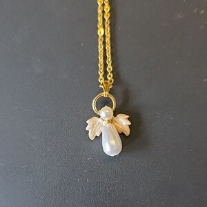 Elegant Gold Tone and White Angel Pendant 18" Necklace
